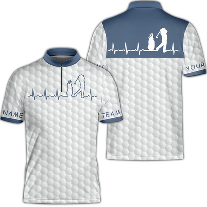 Heartbeat Golfer White And Navy Golf Men Polo Shirt, White Golf Ball Pattern Polo Shirt For Men, Best Gift For Golfers