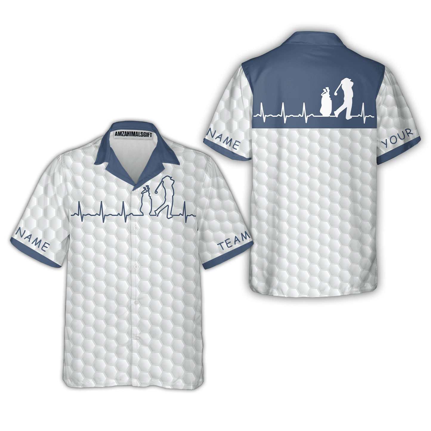 Heartbeat Golfer White And Navy Golf Men Polo Shirt, White Golf Ball Pattern Polo Shirt For Men, Best Gift For Golfers