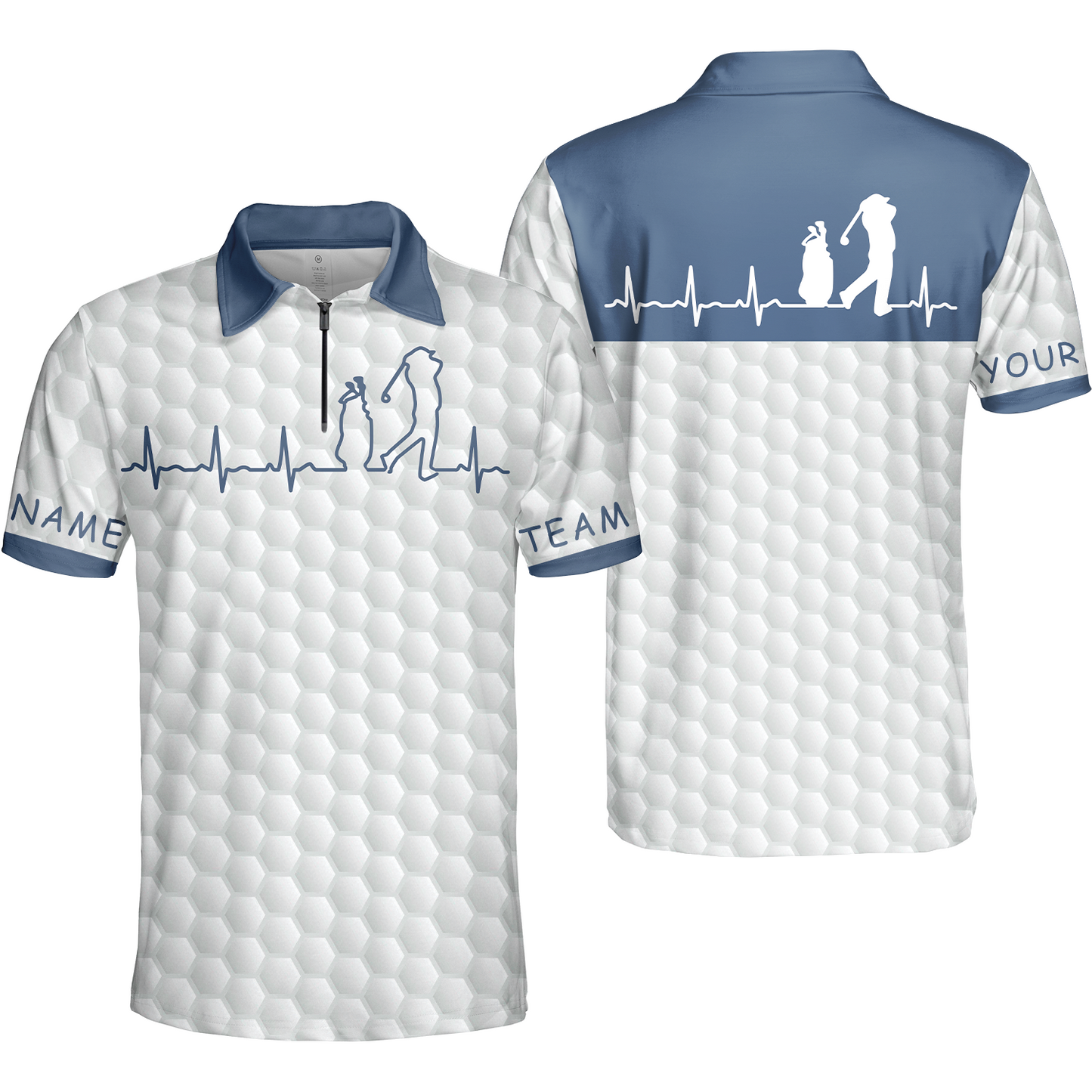 Heartbeat Golfer White And Navy Golf Men Polo Shirt, White Golf Ball Pattern Polo Shirt For Men, Best Gift For Golfers