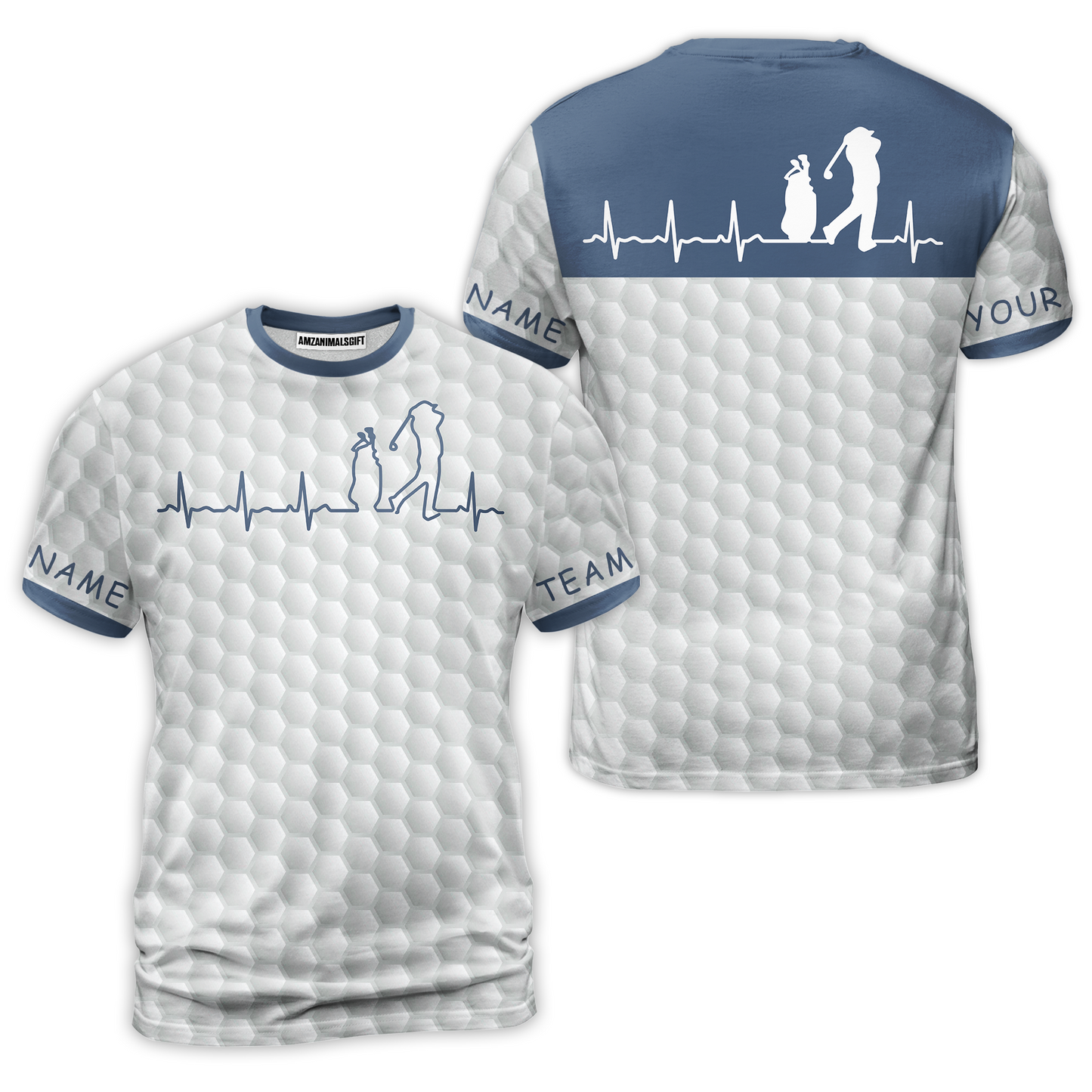 Heartbeat Golfer White And Navy Golf Men Polo Shirt, White Golf Ball Pattern Polo Shirt For Men, Best Gift For Golfers