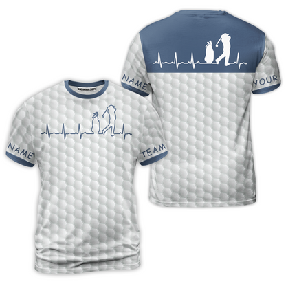 Heartbeat Golfer White And Navy Golf Men Polo Shirt, White Golf Ball Pattern Polo Shirt For Men, Best Gift For Golfers