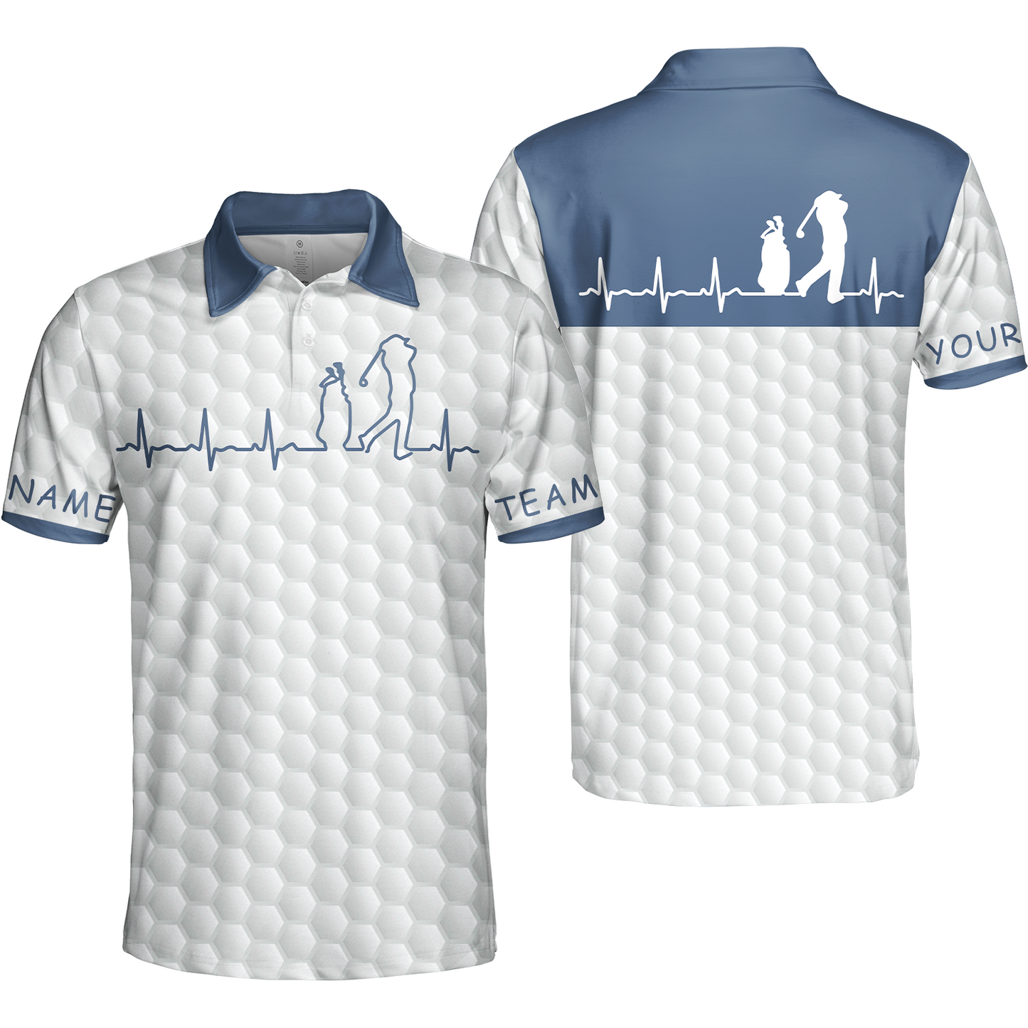 Heartbeat Golfer White And Navy Golf Men Polo Shirt, White Golf Ball Pattern Polo Shirt For Men, Best Gift For Golfers