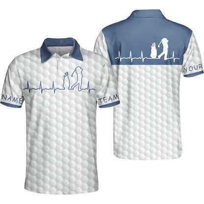 Heartbeat Golfer White And Navy Golf Men Polo Shirt, White Golf Ball Pattern Polo Shirt For Men, Best Gift For Golfers