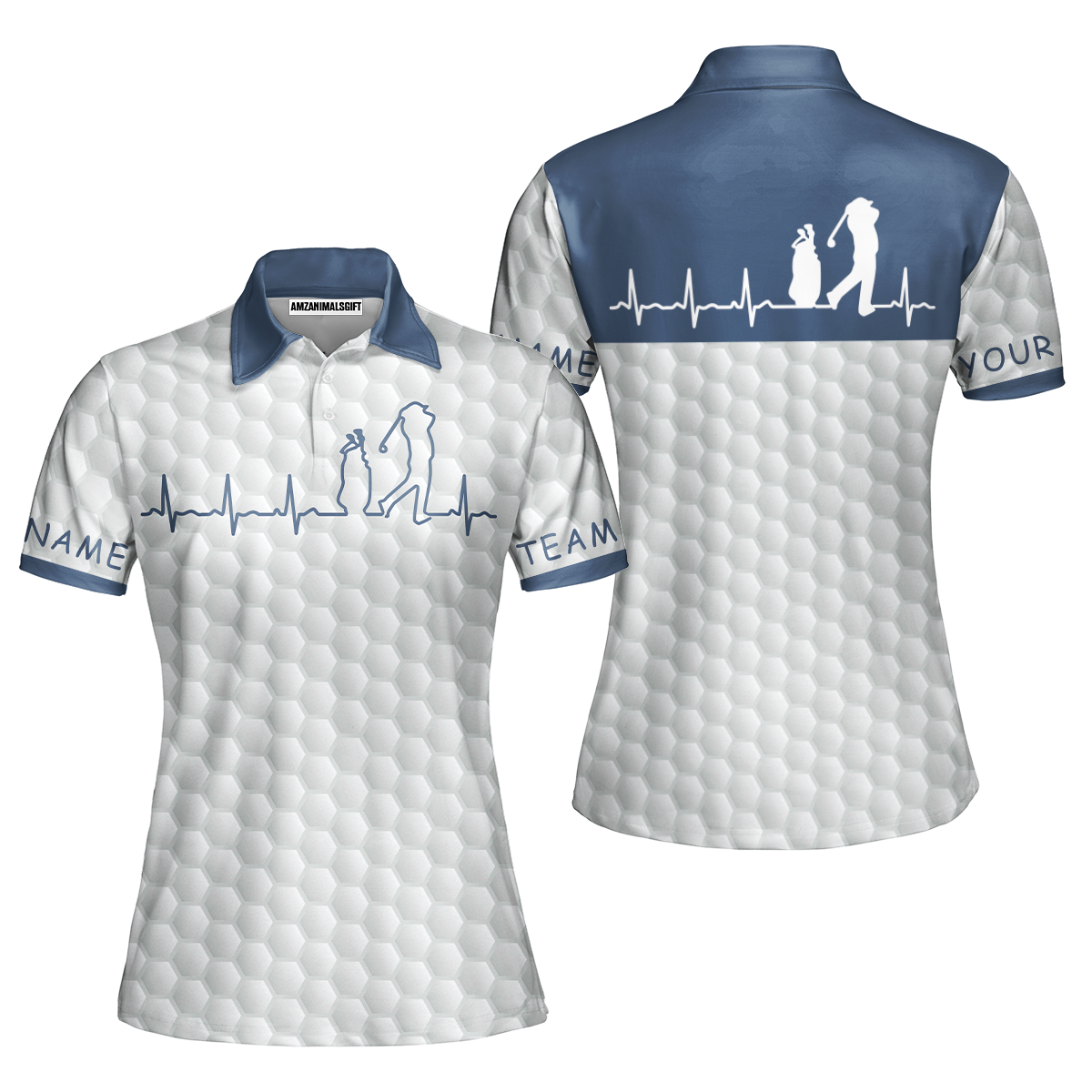 Heartbeat Golfer White And Navy Golf Men Polo Shirt, White Golf Ball Pattern Polo Shirt For Men, Best Gift For Golfers
