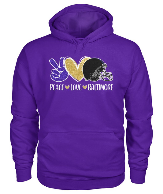 Baltimore Football Peace Love Purple Gold Black Hoodies For Men Women Family Love Baltimore Sport, Perfect Outfit For Football Lovers