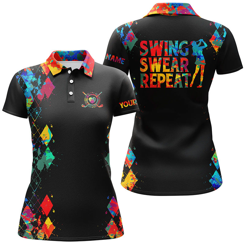 Customized Golf Women Polo Shirt, Watercolor Personalized Swing Swear Repeat Black Shirts - Perfect Gift For Ladies, Golf Lovers, Golfers