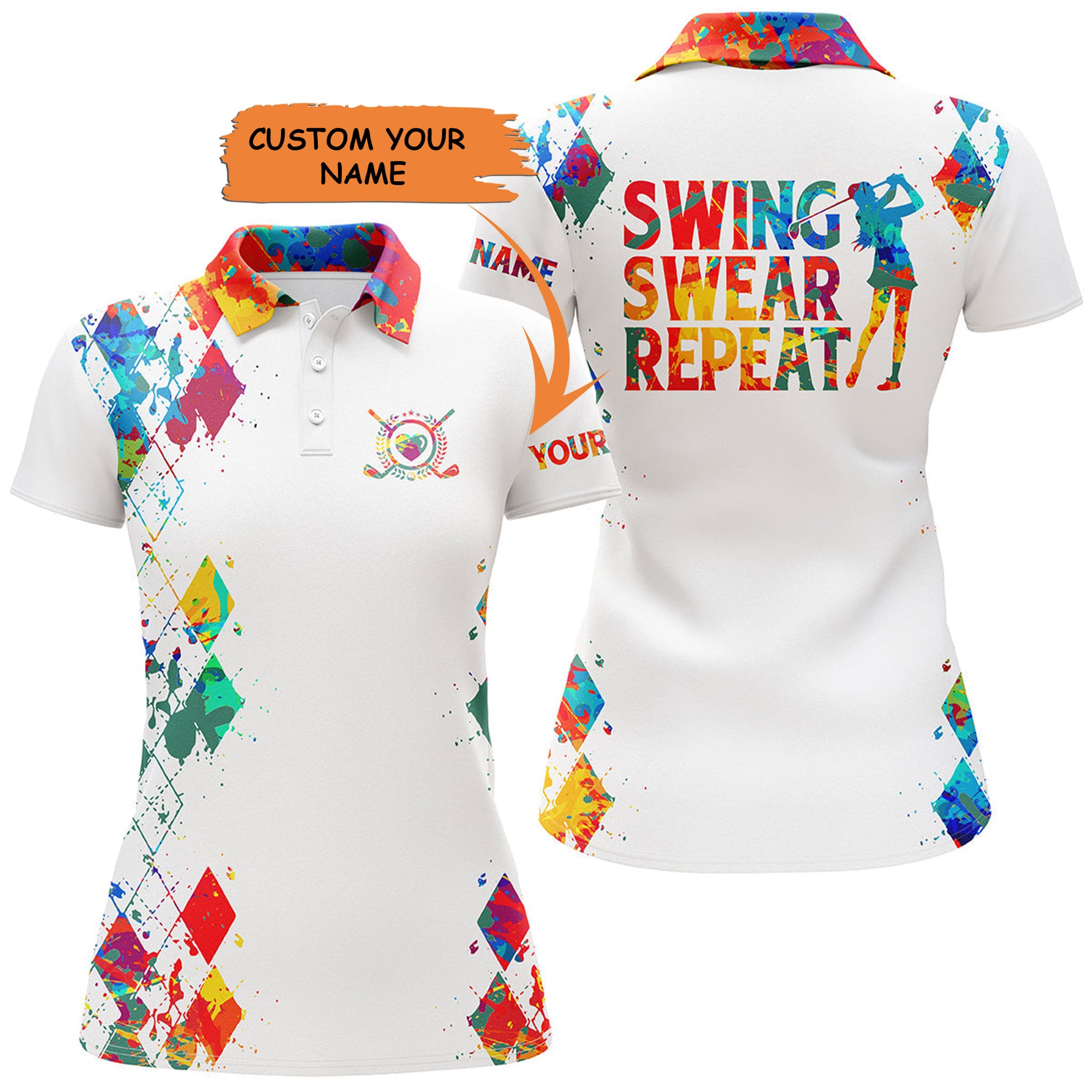 Womens Golf Custom Polo Shirt, Watercolor Swing Swear Repeat Golf Polo Shirt, Golfing Gifts