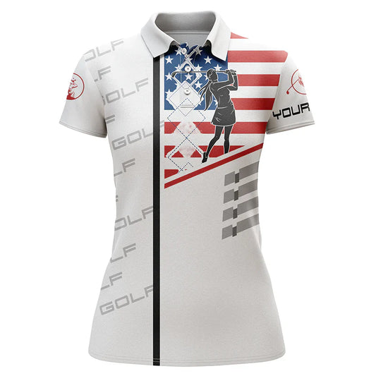 Customized Name Golf Women Polo Shirts, Personalized American Flag Patriotic Golf Shirts For Ladies - Perfect Gift For Golfers, Golf Lovers