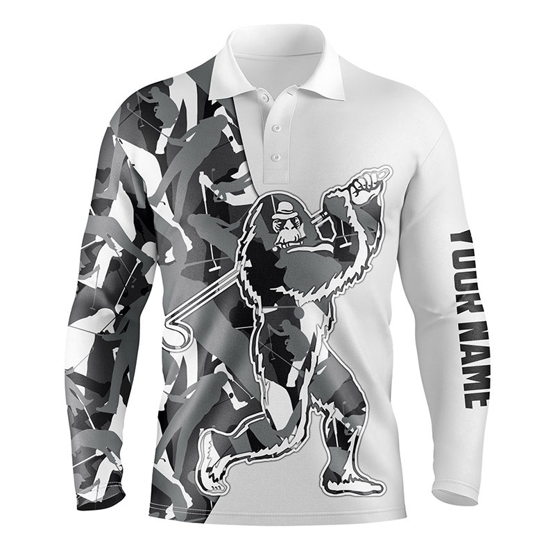 Funny Bigfoot Golf Men Polo Shirt-Custom Gray Camo Pattern Sasquatch Playing Golf Apparel Men Polo Shirt-Personalized Sports Gift For Men, Golf Lover