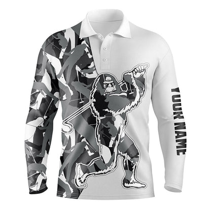 Funny Bigfoot Golf Men Polo Shirt-Custom Gray Camo Pattern Sasquatch Playing Golf Apparel Men Polo Shirt-Personalized Sports Gift For Men, Golf Lover