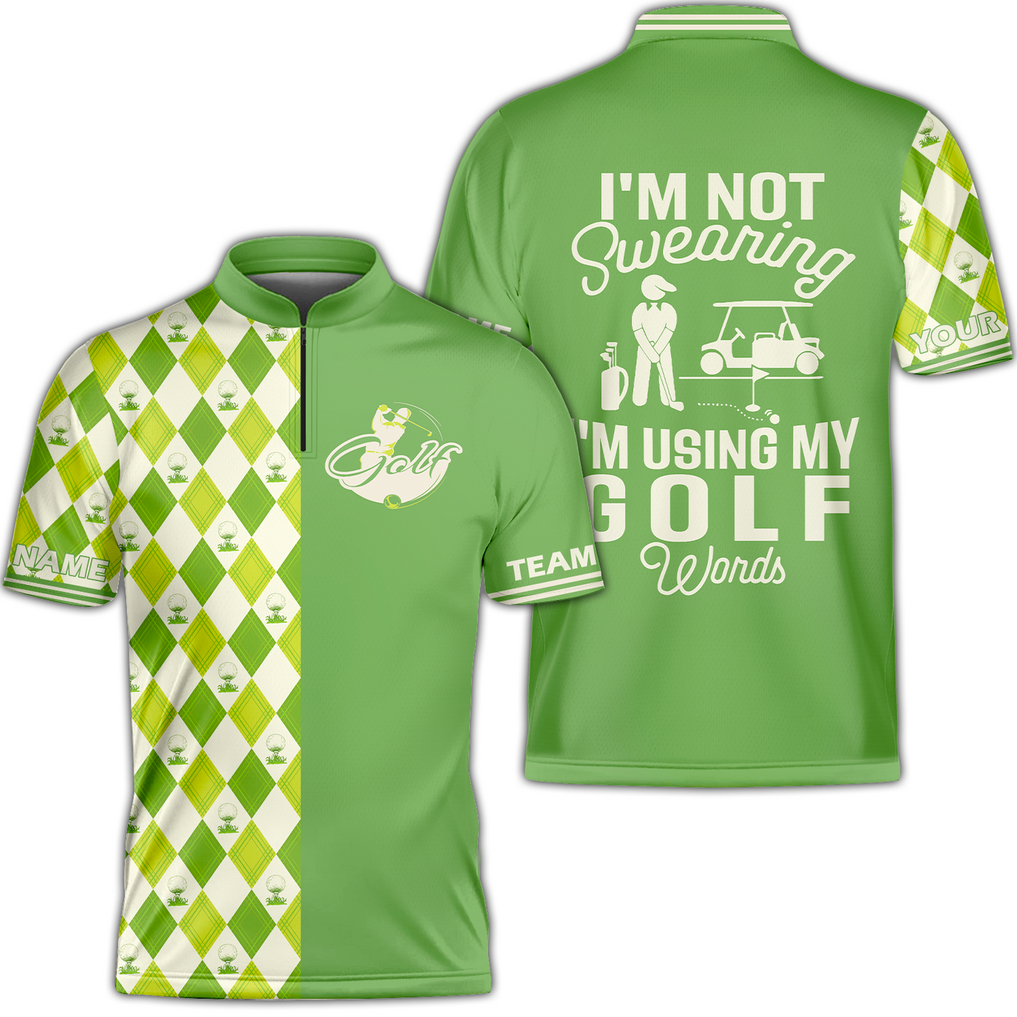 Golf Men Polo Shirt, I'm Not Swearing I'm Using My Golf Words Polo Shirt, Green Argyle Pattern Golf Shirt For Male Golfers