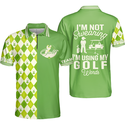 Golf Men Polo Shirt, I'm Not Swearing I'm Using My Golf Words Polo Shirt, Green Argyle Pattern Golf Shirt For Male Golfers