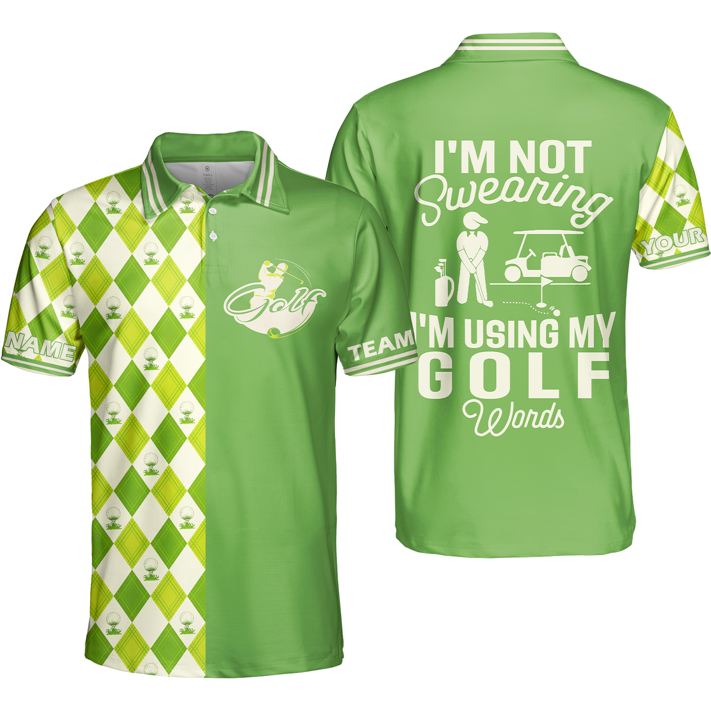 Golf Men Polo Shirt, I'm Not Swearing I'm Using My Golf Words Polo Shirt, Green Argyle Pattern Golf Shirt For Male Golfers