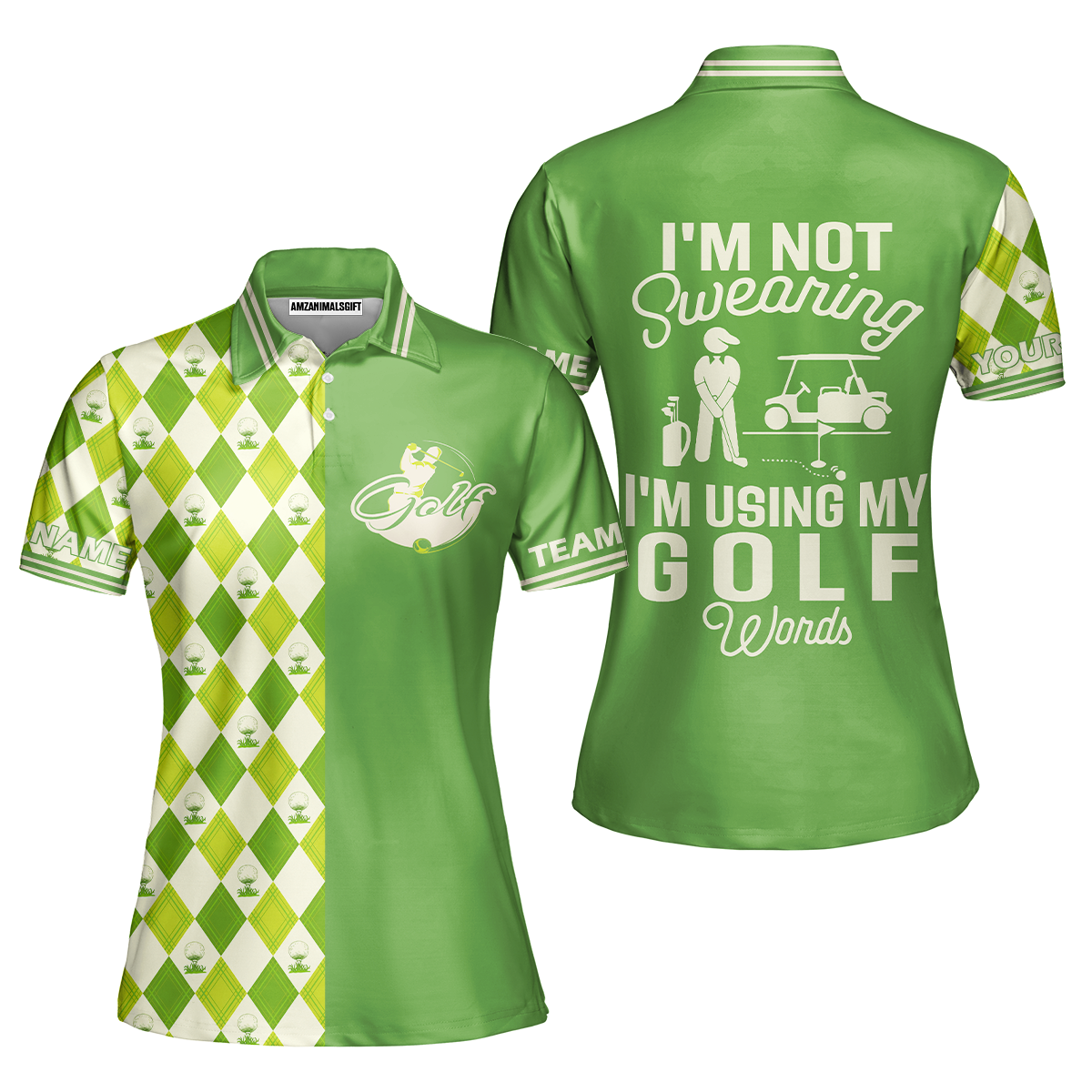 Golf Men Polo Shirt, I'm Not Swearing I'm Using My Golf Words Polo Shirt, Green Argyle Pattern Golf Shirt For Male Golfers