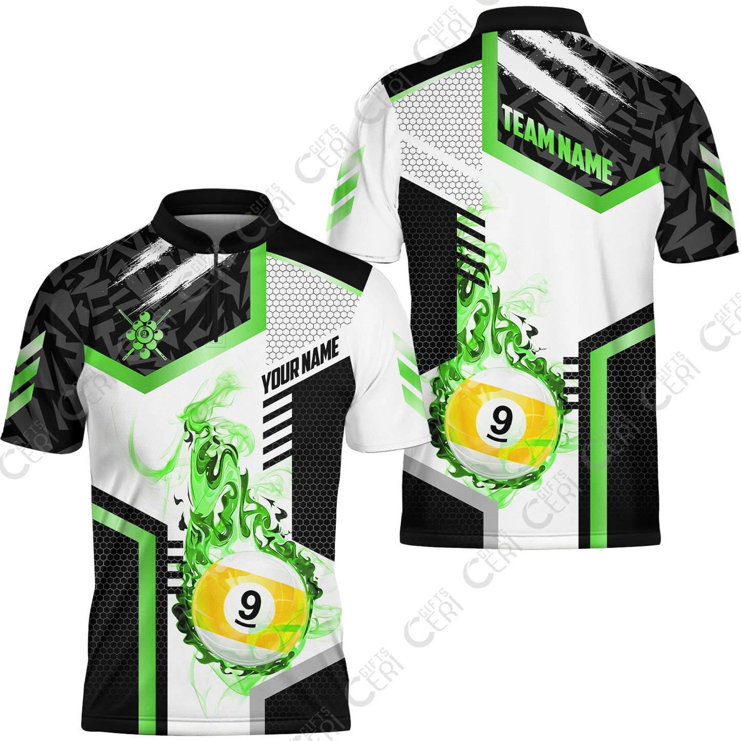 Customized 9 Ball Pool Stand Collar Quarter-Zip Short Sleeve Jersey, Flaming 9-Ball Graphic, Billiards Jersey