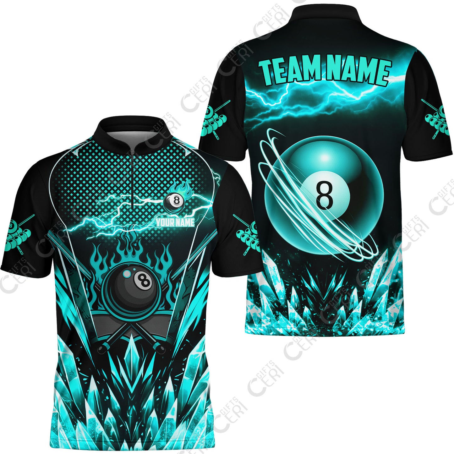 Customized 8 Ball Pool Stand Collar Quarter-Zip Short Sleeve Jersey, Electric Lightning Crystal, Billiards Jerseys