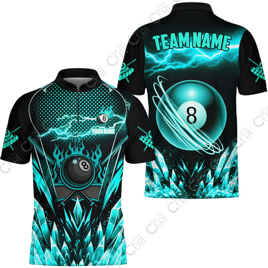 Customized 8 Ball Pool Stand Collar Quarter-Zip Short Sleeve Jersey, Electric Lightning Crystal, Billiards Jerseys