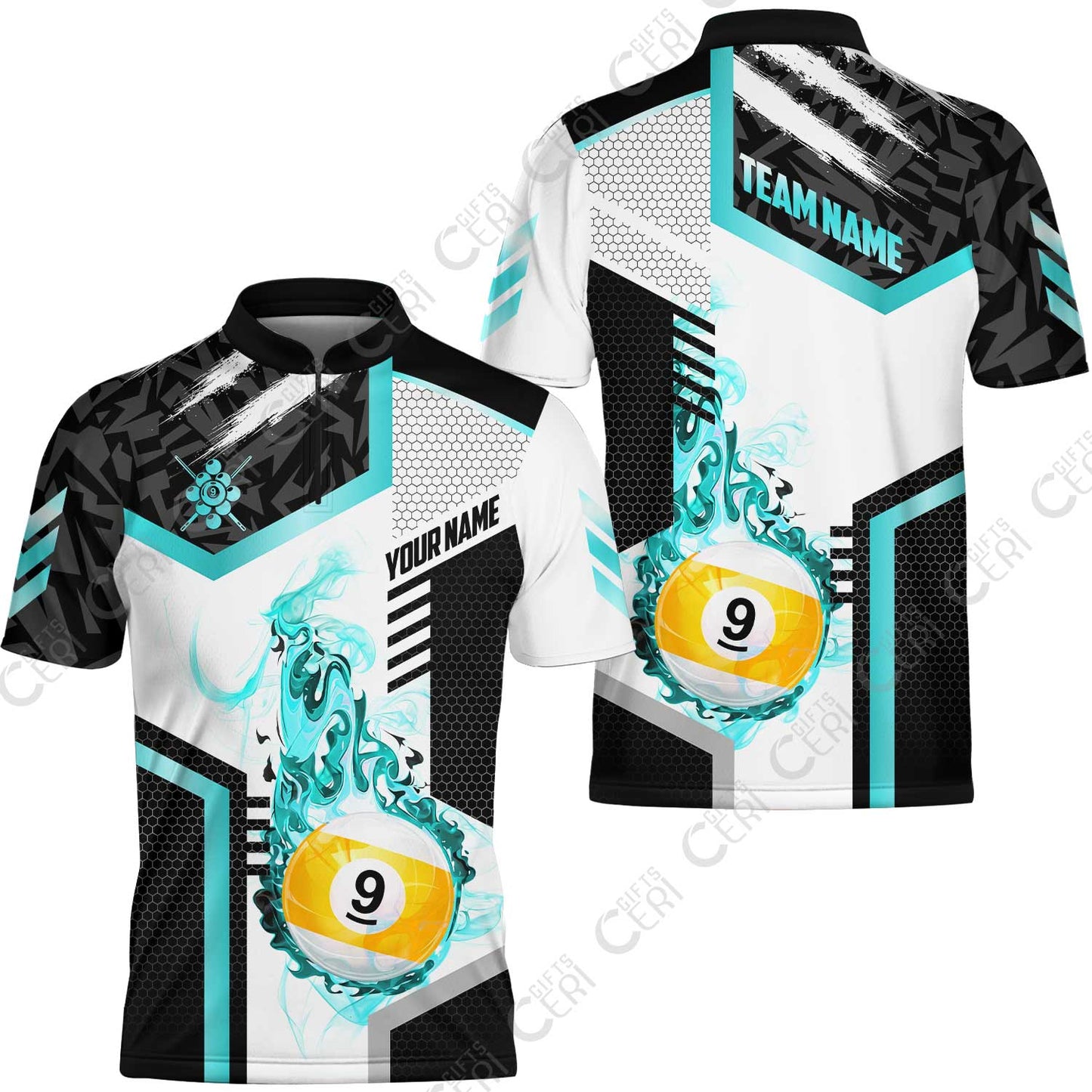 Customized 9 Ball Pool Stand Collar Quarter-Zip Short Sleeve Jersey, Flaming 9-Ball Graphic, Billiards Jersey