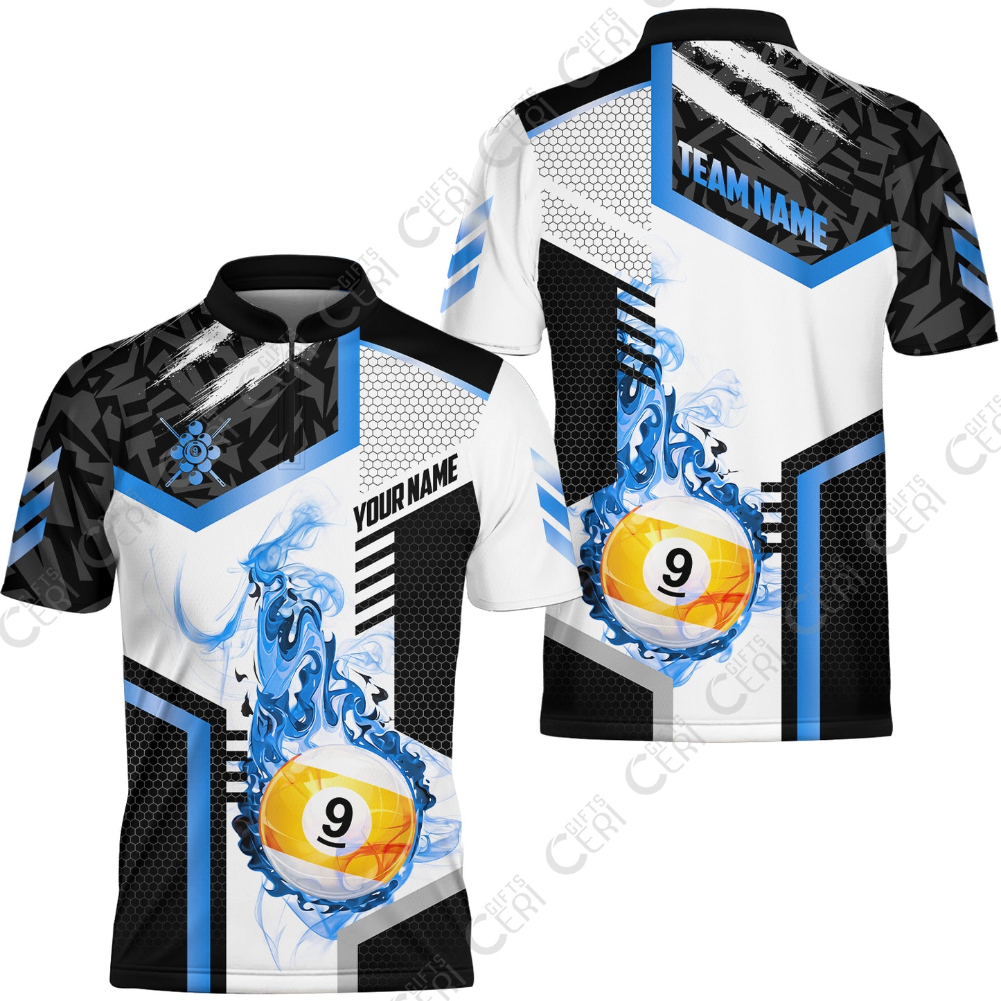 Customized 9 Ball Pool Stand Collar Quarter-Zip Short Sleeve Jersey, Flaming 9-Ball Graphic, Billiards Jersey
