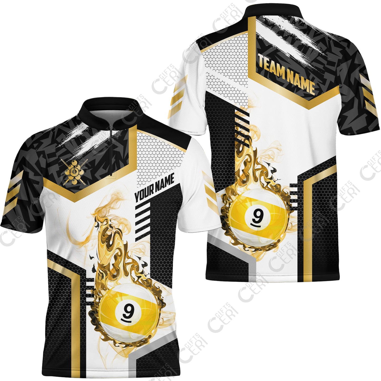 Customized 9 Ball Pool Stand Collar Quarter-Zip Short Sleeve Jersey, Flaming 9-Ball Graphic, Billiards Jersey