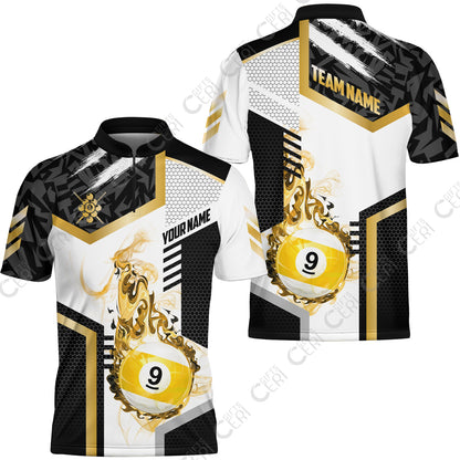 Customized 9 Ball Pool Stand Collar Quarter-Zip Short Sleeve Jersey, Flaming 9-Ball Graphic, Billiards Jersey