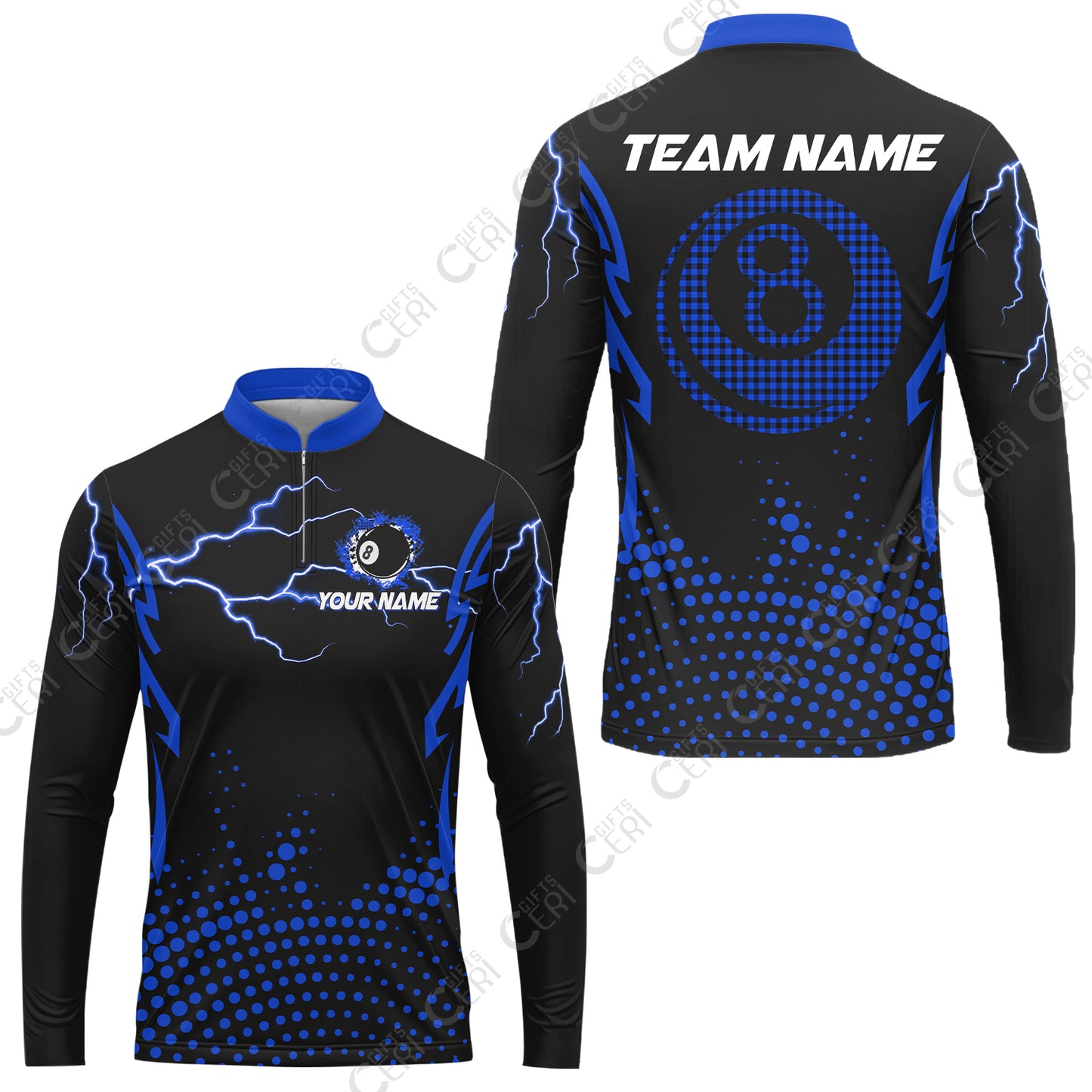 Customized Billiards Stand Collar Quarter-Zip Long Sleeve Jersey, Lightning Graphics With Dots 8 Ball Pool Jersey