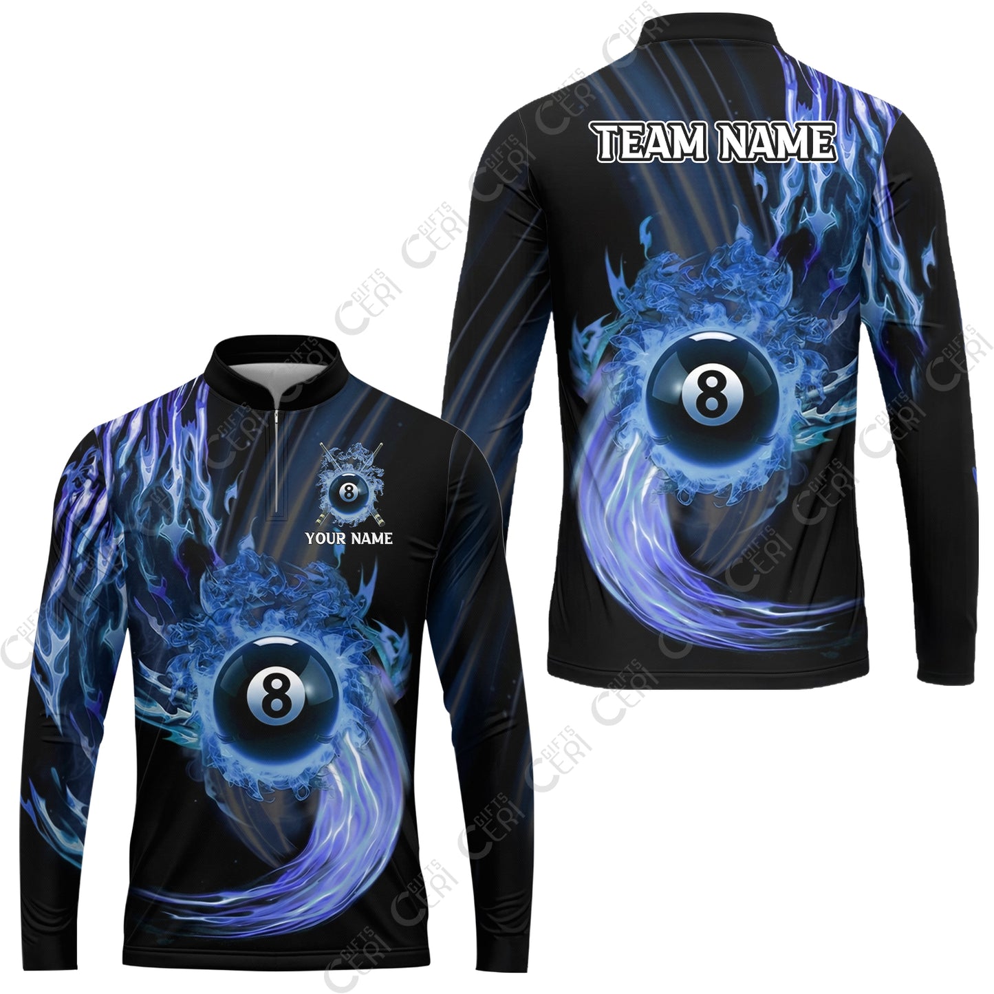 Customized 8 Ball Pool Stand Collar Quarter-Zip Long Sleeve Jersey, 8-Ball Swirling Fire And Glowing Smoke, Billiards Jerseys