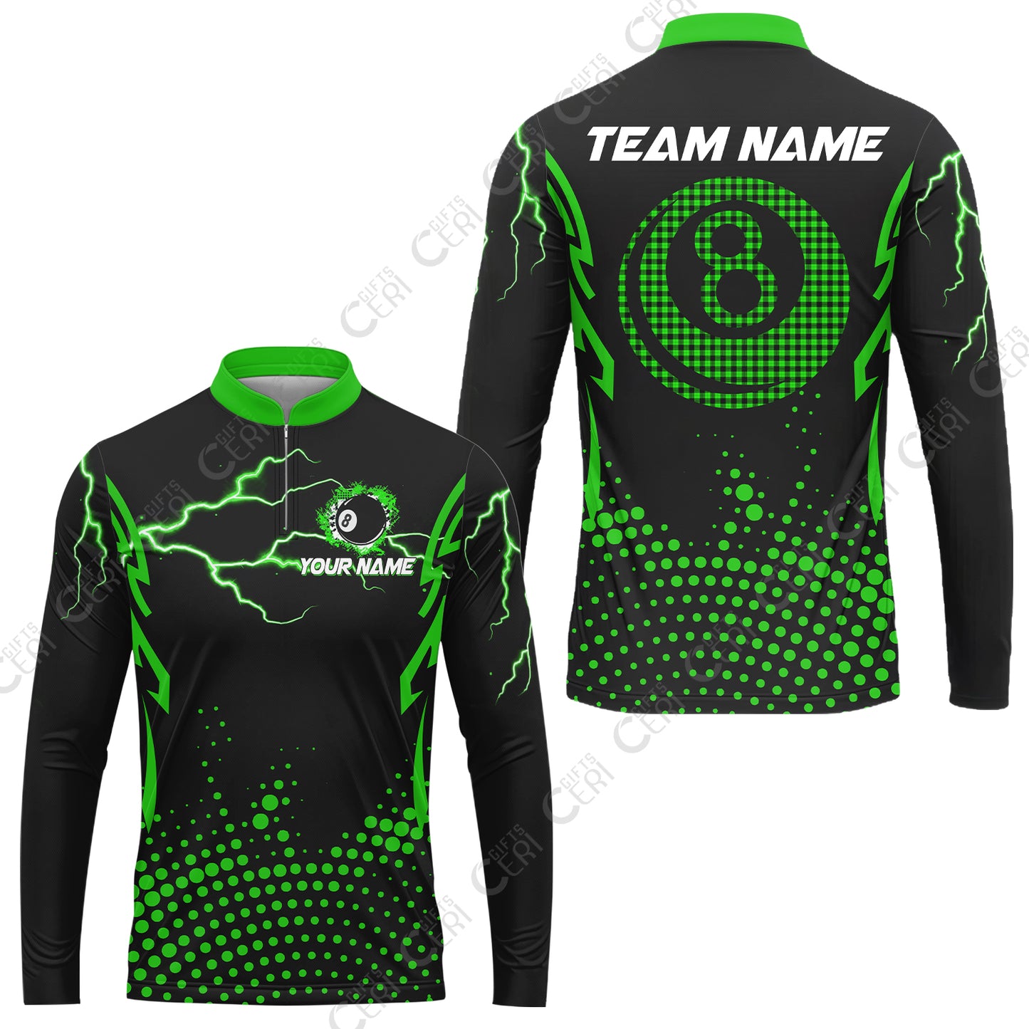 Customized Billiards Stand Collar Quarter-Zip Long Sleeve Jersey, Lightning Graphics With Dots 8 Ball Pool Jersey