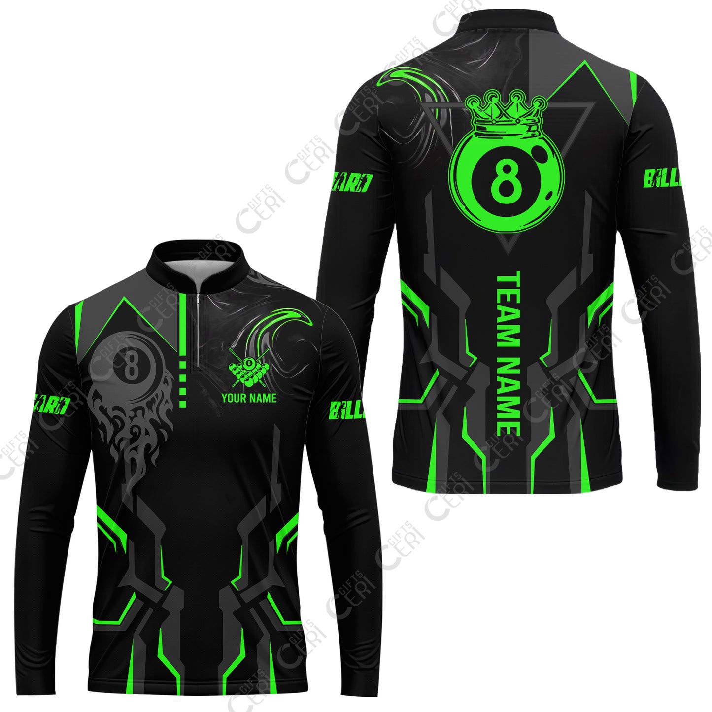 Customized 8 Ball Pool Stand Collar Quarter-Zip Long Sleeve Jersey, 8-Ball Liquid Effect Smoke, Billiard Jerseys