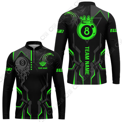 Customized 8 Ball Pool Stand Collar Quarter-Zip Long Sleeve Jersey, 8-Ball Liquid Effect Smoke, Billiard Jerseys