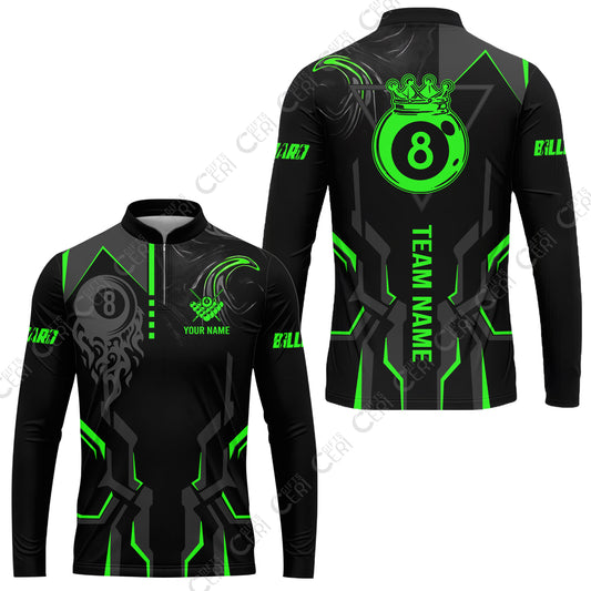 Customized 8 Ball Pool Stand Collar Quarter-Zip Long Sleeve Jersey, 8-Ball Liquid Effect Smoke, Billiard Jerseys