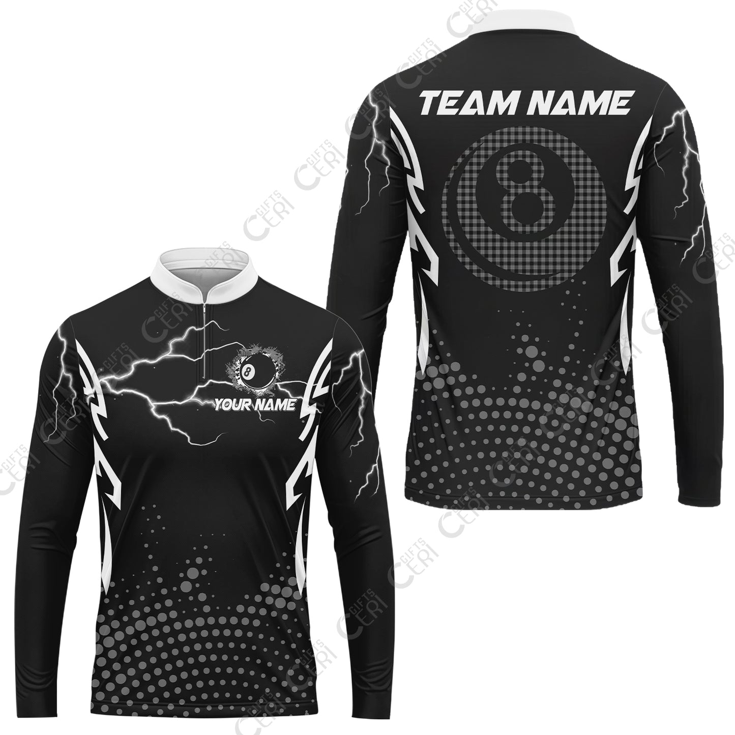 Customized Billiards Stand Collar Quarter-Zip Long Sleeve Jersey, Lightning Graphics With Dots 8 Ball Pool Jersey
