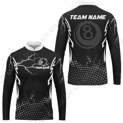 Customized Billiards Stand Collar Quarter-Zip Long Sleeve Jersey, Lightning Graphics With Dots 8 Ball Pool Jersey