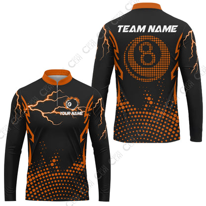 Customized Billiards Stand Collar Quarter-Zip Long Sleeve Jersey, Lightning Graphics With Dots 8 Ball Pool Jersey