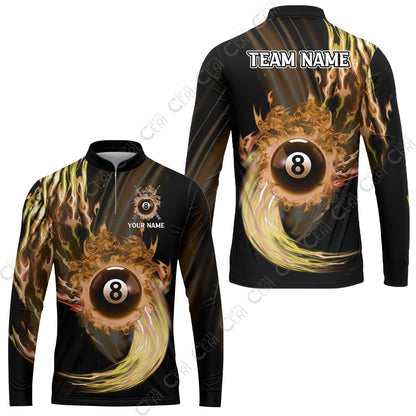 Customized 8 Ball Pool Stand Collar Quarter-Zip Long Sleeve Jersey, 8-Ball Swirling Fire And Glowing Smoke, Billiards Jerseys