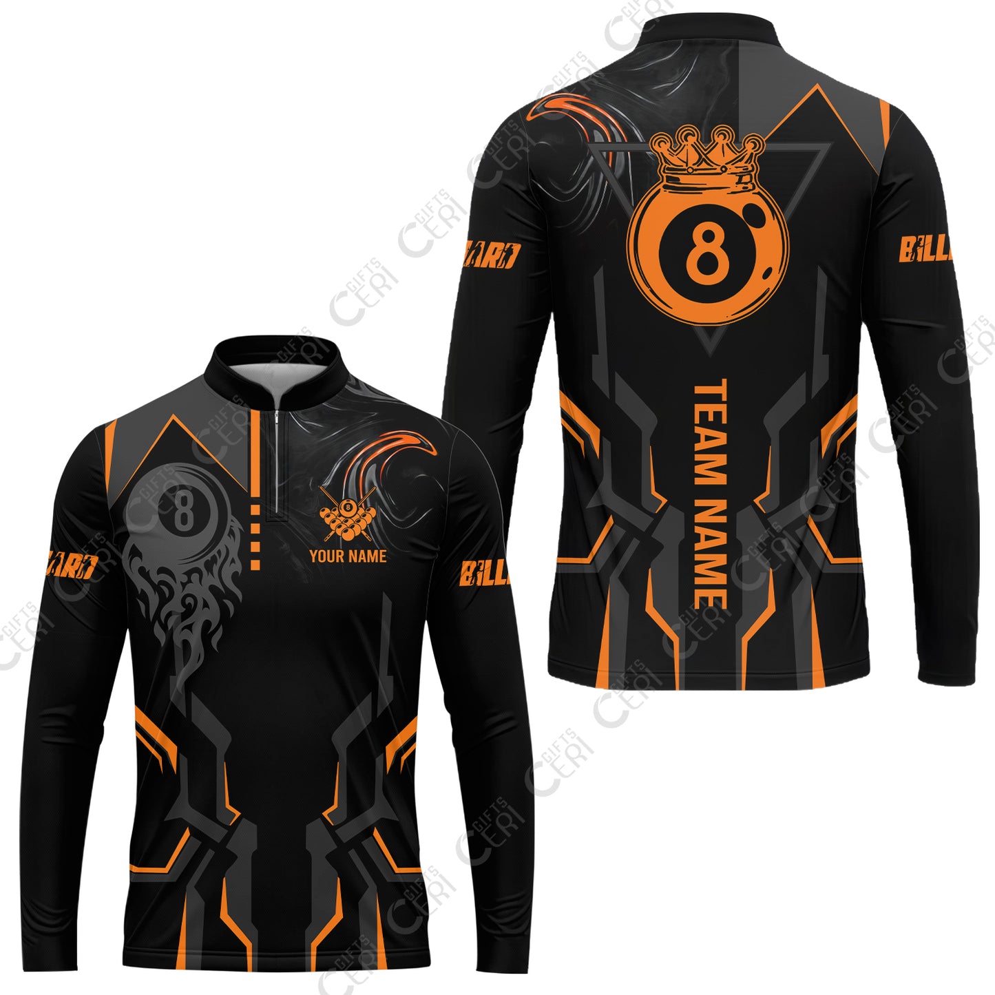 Customized 8 Ball Pool Stand Collar Quarter-Zip Long Sleeve Jersey, 8-Ball Liquid Effect Smoke, Billiard Jerseys
