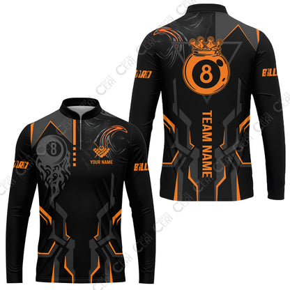 Customized 8 Ball Pool Stand Collar Quarter-Zip Long Sleeve Jersey, 8-Ball Liquid Effect Smoke, Billiard Jerseys