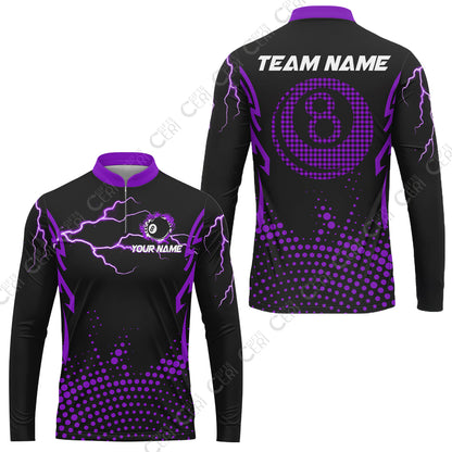 Customized Billiards Stand Collar Quarter-Zip Long Sleeve Jersey, Lightning Graphics With Dots 8 Ball Pool Jersey