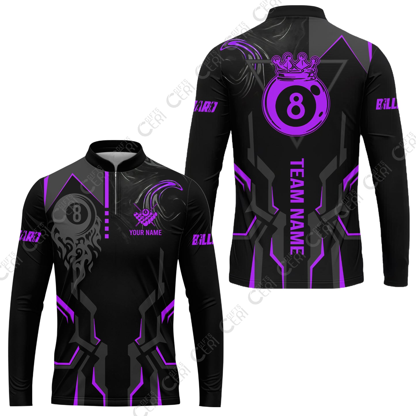 Customized 8 Ball Pool Stand Collar Quarter-Zip Long Sleeve Jersey, 8-Ball Liquid Effect Smoke, Billiard Jerseys