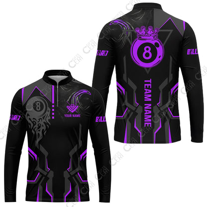 Customized 8 Ball Pool Stand Collar Quarter-Zip Long Sleeve Jersey, 8-Ball Liquid Effect Smoke, Billiard Jerseys