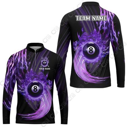 Customized 8 Ball Pool Stand Collar Quarter-Zip Long Sleeve Jersey, 8-Ball Swirling Fire And Glowing Smoke, Billiards Jerseys