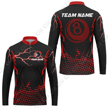 Customized Billiards Stand Collar Quarter-Zip Long Sleeve Jersey, Lightning Graphics With Dots 8 Ball Pool Jersey