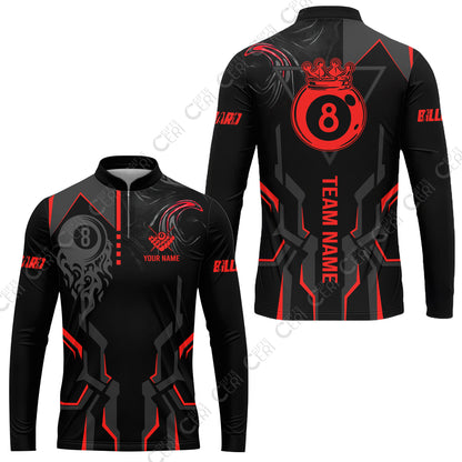 Customized 8 Ball Pool Stand Collar Quarter-Zip Long Sleeve Jersey, 8-Ball Liquid Effect Smoke, Billiard Jerseys