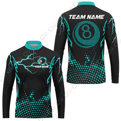 Customized Billiards Stand Collar Quarter-Zip Long Sleeve Jersey, Lightning Graphics With Dots 8 Ball Pool Jersey