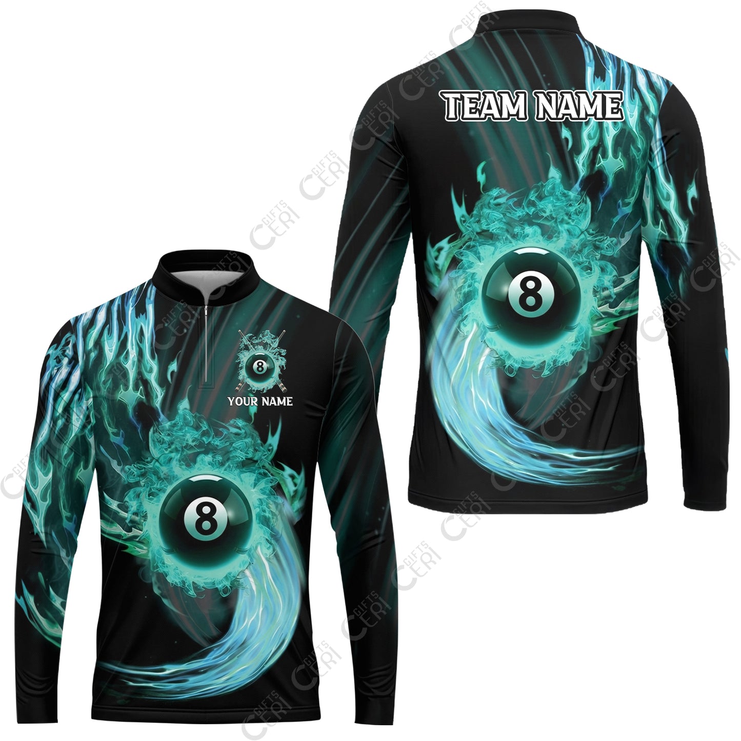 Customized 8 Ball Pool Stand Collar Quarter-Zip Long Sleeve Jersey, 8-Ball Swirling Fire And Glowing Smoke, Billiards Jerseys