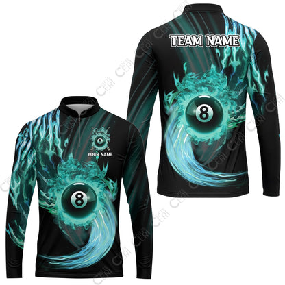 Customized 8 Ball Pool Stand Collar Quarter-Zip Long Sleeve Jersey, 8-Ball Swirling Fire And Glowing Smoke, Billiards Jerseys