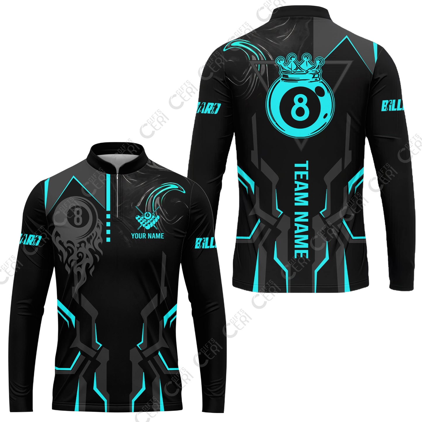 Customized 8 Ball Pool Stand Collar Quarter-Zip Long Sleeve Jersey, 8-Ball Liquid Effect Smoke, Billiard Jerseys