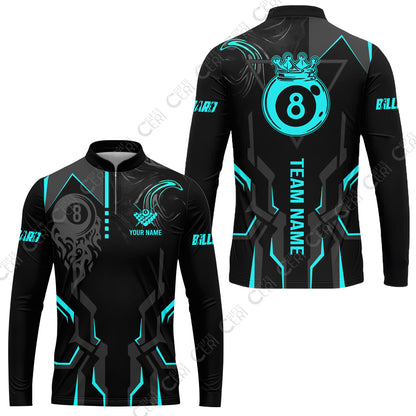 Customized 8 Ball Pool Stand Collar Quarter-Zip Long Sleeve Jersey, 8-Ball Liquid Effect Smoke, Billiard Jerseys
