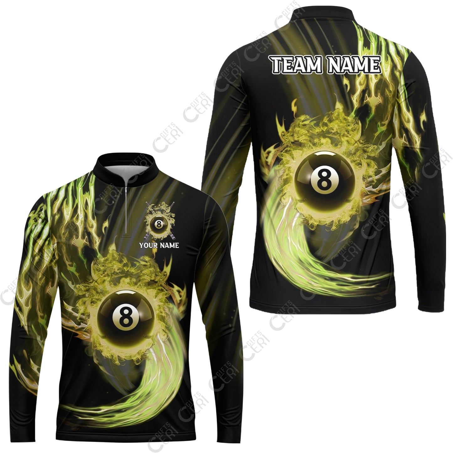 Customized 8 Ball Pool Stand Collar Quarter-Zip Long Sleeve Jersey, 8-Ball Swirling Fire And Glowing Smoke, Billiards Jerseys