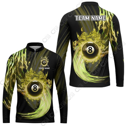 Customized 8 Ball Pool Stand Collar Quarter-Zip Long Sleeve Jersey, 8-Ball Swirling Fire And Glowing Smoke, Billiards Jerseys